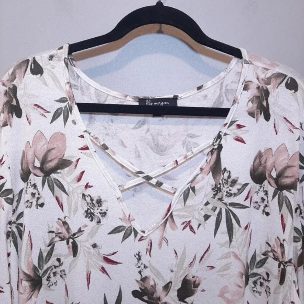 Lily Morgan Floral Long Sleeve Blouse Strappy Crossover Vneck Spring Top - Picture 2 of 10